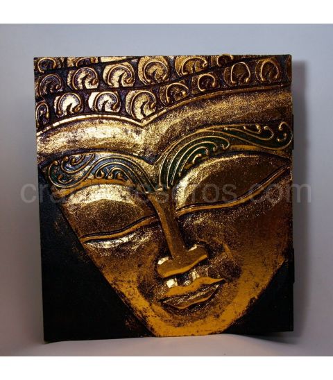 Rostro de Buda tallado y policromado en caja de madera  de la India.