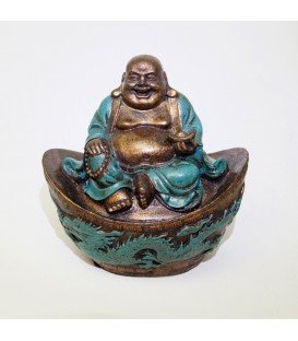 Buda Hotei túnica verde sobre altar de resina