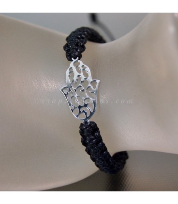 Mano de Fátima de plata de ley en pulsera de macramé ajustable