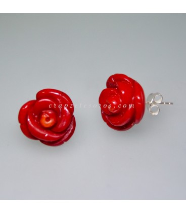 Coral talla flor en pendientes de plata de ley