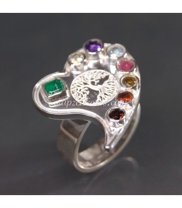 Anillo corazón de plata de ley con gemas y árbol de la vida