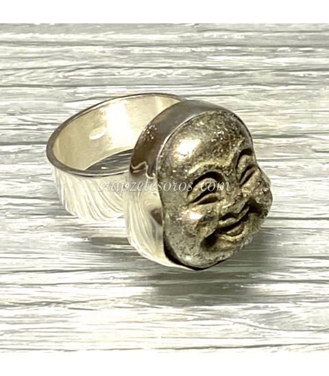 Pirita talla buda Hotei en anillo de plata de ley