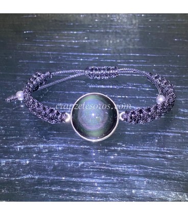 Obsidiana Lunar talla triángulo y semilunas en pulsera de plata de ley