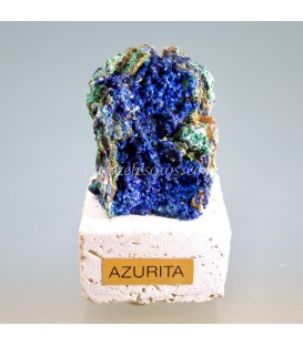 Azurita y Malaquita cristalizada de Marruecos, sobre peana de Travertino