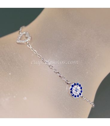 Corazón y Círculo de Circonitas en pulsera de plata de ley ajustable