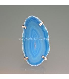 Ágata azul en anillo ajustable de metal plateado