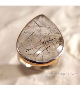 Cuarzo con turmalinas en anillo de plata de ley ajustable