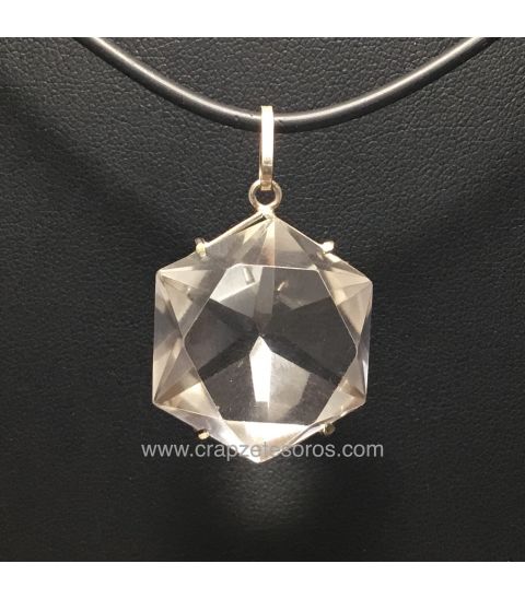 Cuarzo hialino doble estrella de David , doble exágono y 12 triángulos en colgante de plata 