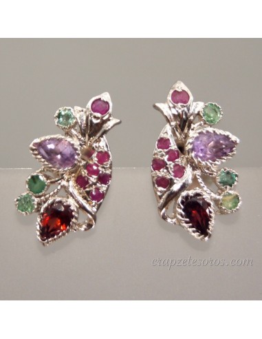 Granate, Amatista, Rubies y Esmeraldas en pendientes de metal