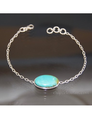 Turquesa tibetana oval en pulsera de plata de ley