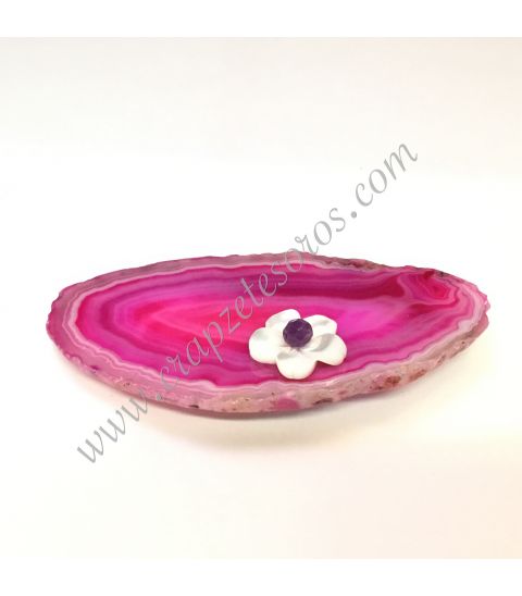 Ágata rosa  de Brasil con flor de nácar y esfera de amatista montada como broche aguja